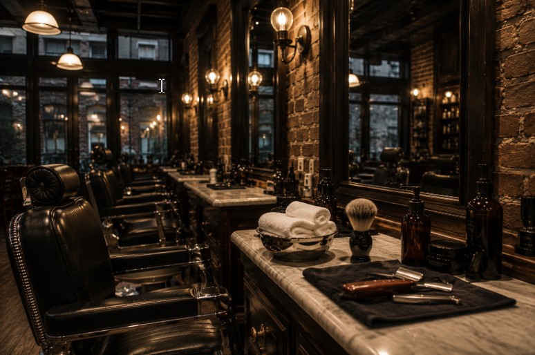 A traditional shave station at B & H Barber Shop, an East Village barbershop.