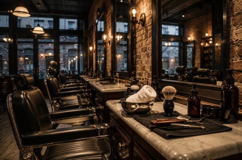A traditional shave station at B & H Barber Shop, an East Village barbershop.