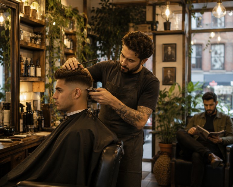 Clients from Greenwich Village and Union Square getting haircuts at B & H Barber Shop in the East Village.