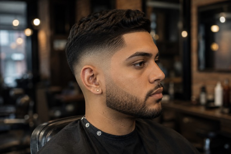 A barber blending a fade haircut with clipper and guard work in the East Village.