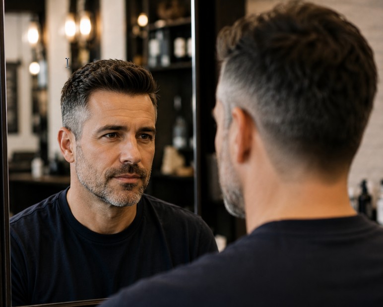 Natural-looking gray blending result on a man's short haircut at an East Village barbershop.