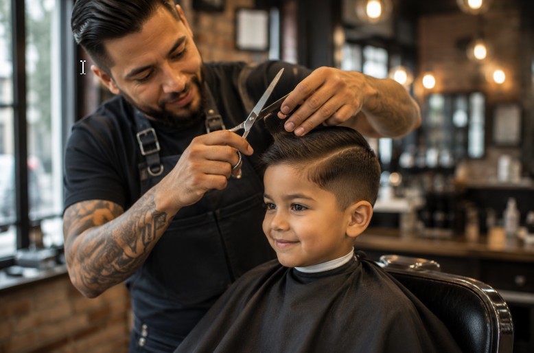 A barber gently giving a young child a haircut in the East Village.