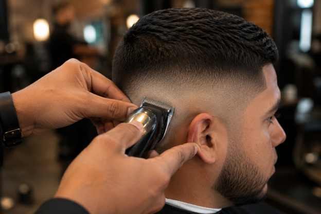 A barber blending a seamless skin fade with clipper work in the East Village.