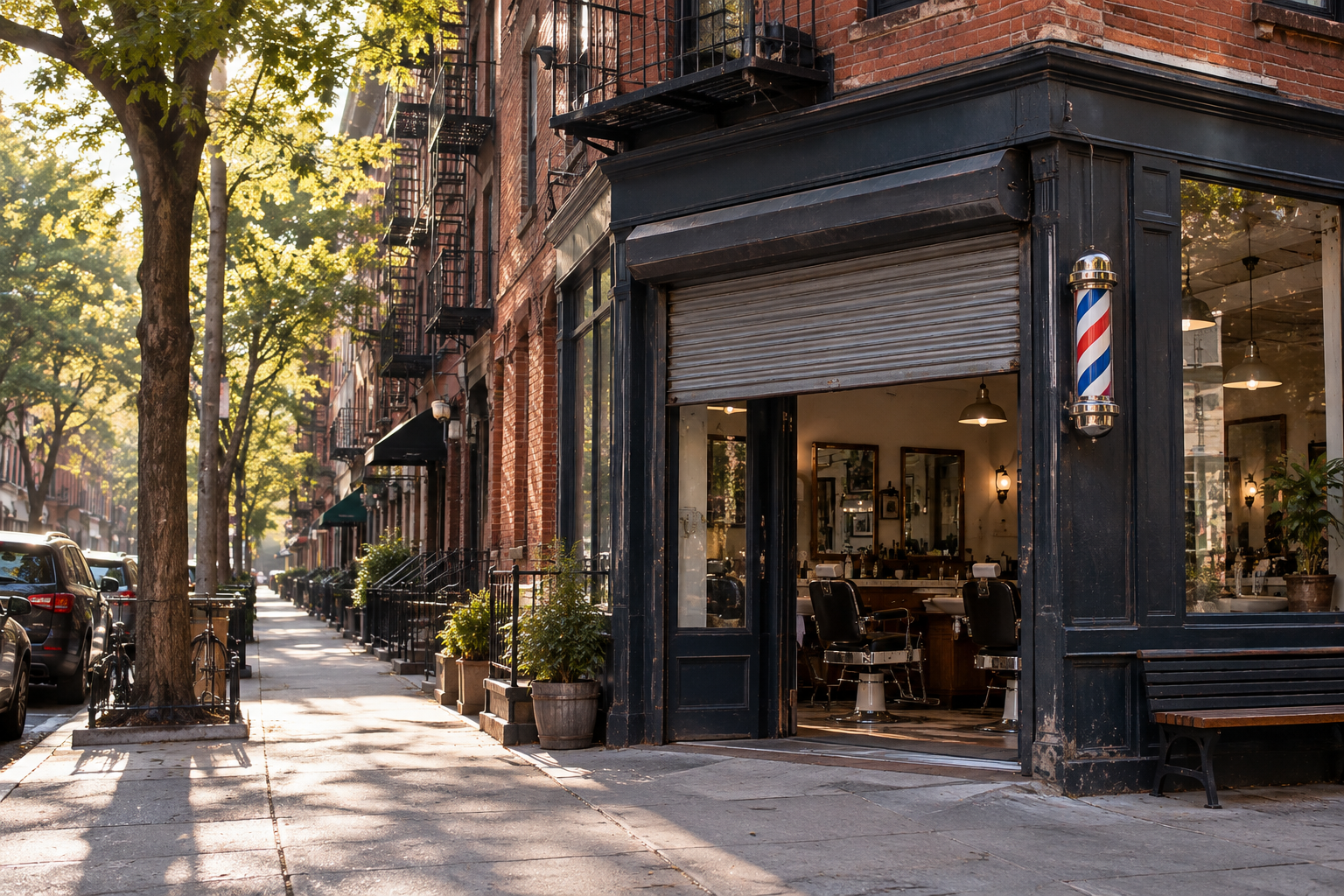 East Village barbershop storefront on a quiet morning, closed Saturday and open Sunday.