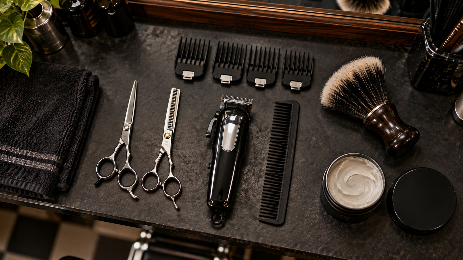 Barber scissors, clippers, and guards used for a classic men's haircut at B & H Barber Shop in the East Village.