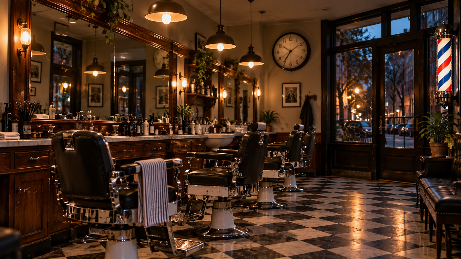 Interior of an East Village barbershop open evenings until 7:30.