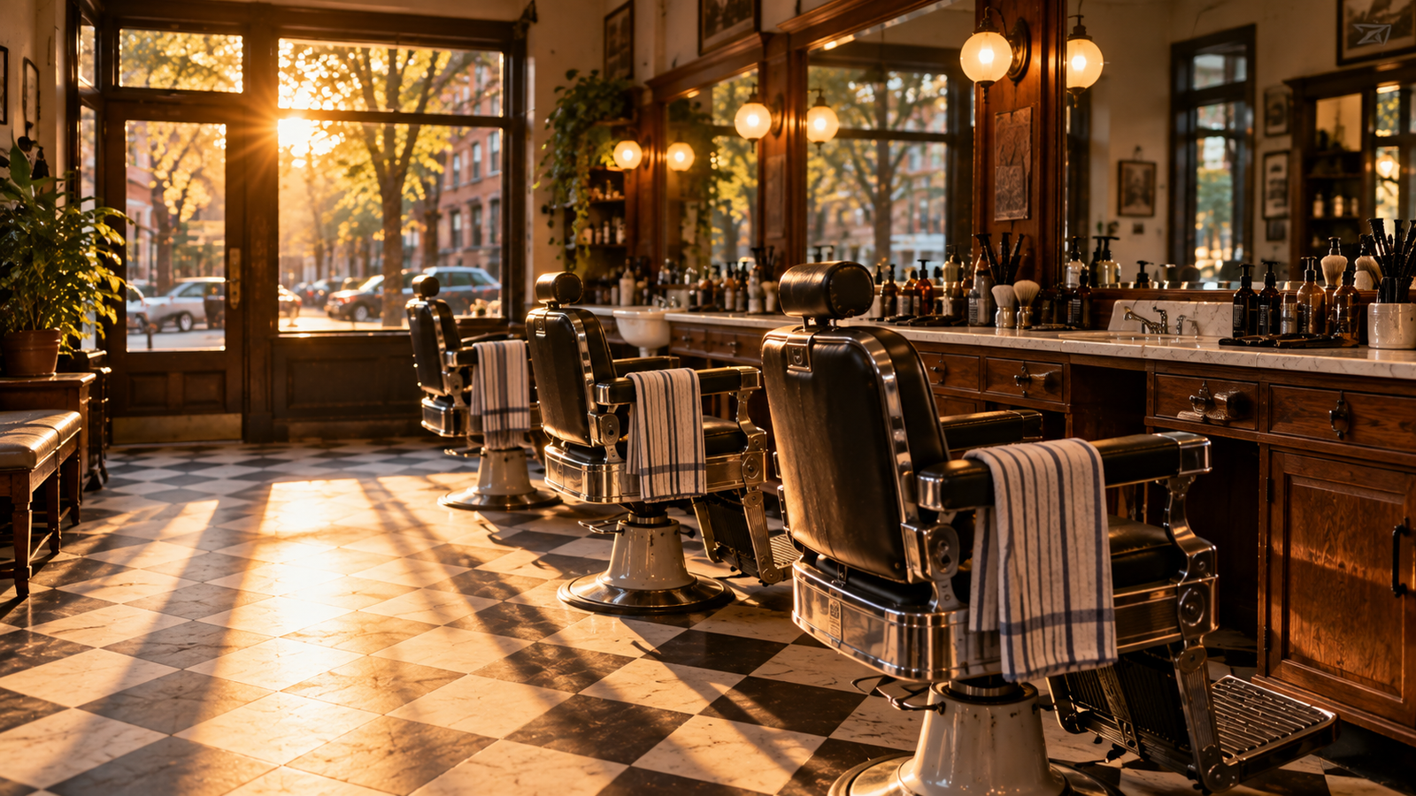 Welcoming interior of a walk-in men's haircut barbershop in the East Village.