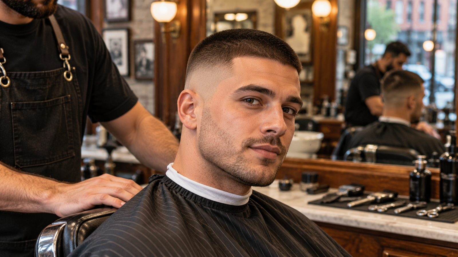 Finished mid skin fade with a shaped full beard on a man in a barber chair at an East Village barber shop